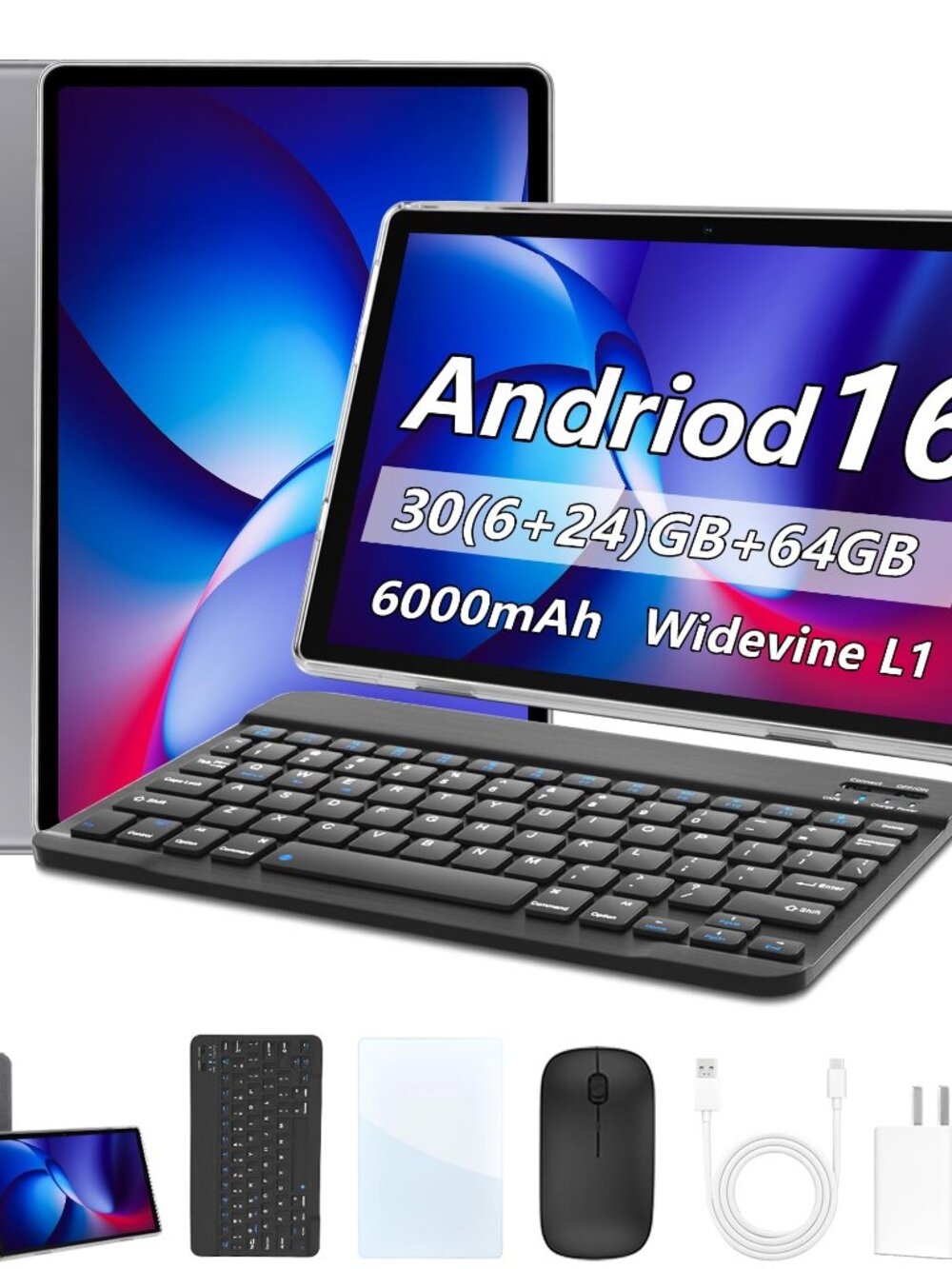 NEW 10.1 Android 16 Tablet with Keyboard 30GB + 64GB Octa-Core 1280x800 IPS HD